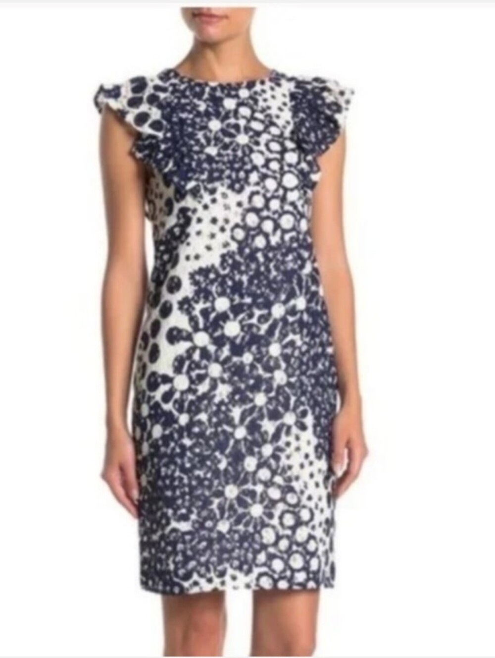 Trina Turk Floral Lace Dress Ruffle Sleeve Navy Blue White Size 12